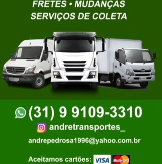 arte verde com três veículos brancos (van, caminhão e truck) e contatos de frete e mudanças