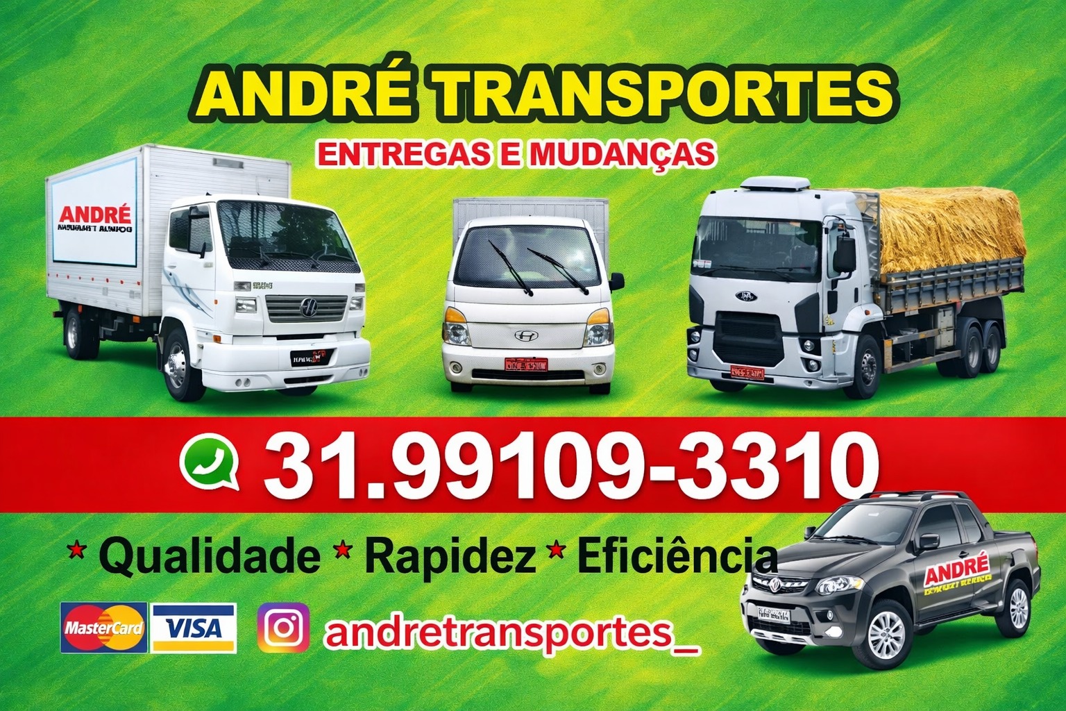 arte de divulgação verde com três caminhões brancos e uma picape cinza, WhatsApp em destaque na faixa vermelha